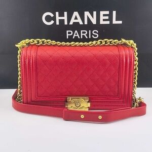CHANEL Red Quilted Leather Boy Style Shoulder Bag with Gold Chain